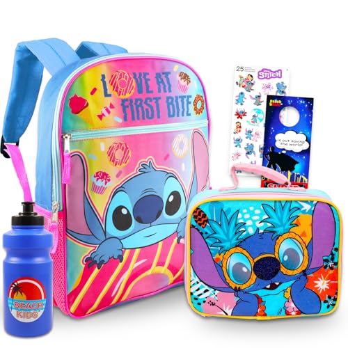 Disney Conjunto de mochila e lancheira Lilo and Stitch – Pacote com mochila Lilo & Stitch, lancheira Stitch, garrafa de água, adesivos, mais | Bolsa escolar Stitch para crianças