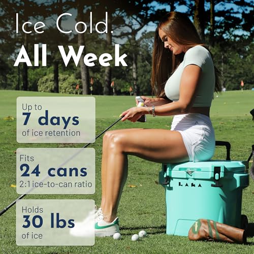 Image of Laka Cooler with Wheels - 30QT Rotomolded Insulated Rolling Hard Cooler, Telescoping Handle, Holds 24 Cans + Ice, Up to 7 Days Cold, Drain Plug, Cup Holders + Bottle Opener, Beach /Camping /Boat
