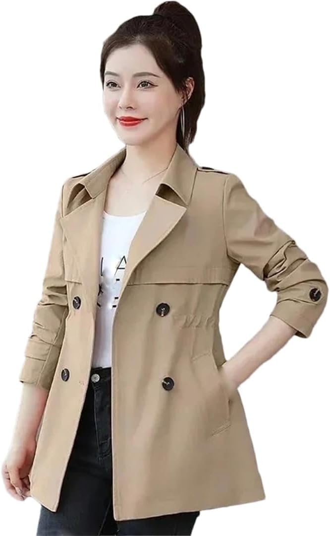 Trench da Donna Primaverile e Autunnale Tinta Unita Manica Lunga Doppiopetto Bavero Giacca Sottile Set di Maniche Giacca da Lavoro con Tasche Cappotto Lungo
