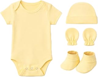 MOM'S HOME Organic Cotton Baby Onesies Gift Set | Rompers, Cap, Booties, Mittens Set/Newborn Essentials | Pack Of 4 | Price In India