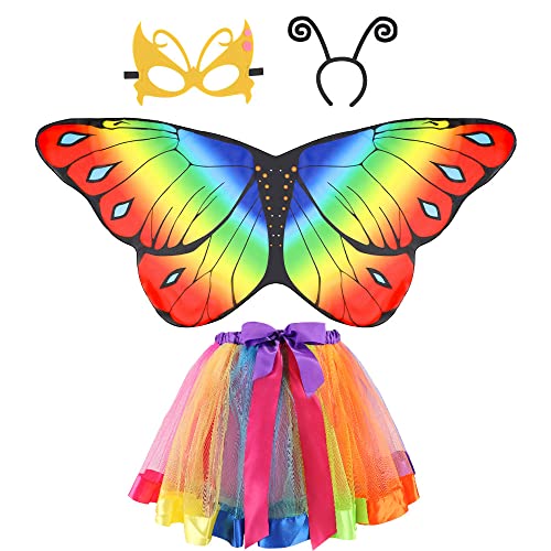 AUTOWT Girls Fairy Butterfly Wings Costumes - 4Pcs Little Girls Dress Up with Rainbow Tutu Skirt and Headband for 3-9 Years Kids Photography Birthday Dance Party Surprise