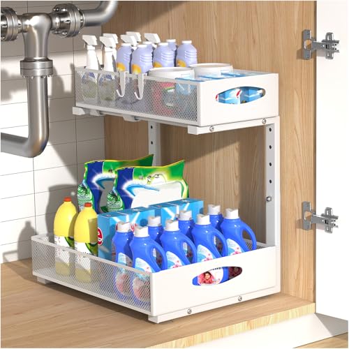 Housolution Organizador Bajo Fregadero de Metal, 2 Niveles Estanteria Bajo Fregadero Extraible con Altura Ajustable, Estante de Almacenamiento Bajo Fregadero para Cocina, 1 Pieza, Blanco