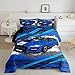 Blue Sports Car Queen Comforter Set for Kids Boys Men,Graffiti Race Car Bedding Set,Grunge Car Track Quilt Lightweight Warm,Hippie Racing Car Down Comforter with 2 Pillowcases Bedroom Home Decor