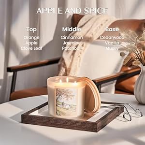 Msense large sized 3 wick apple and spice scent soy waxfallwinter scented candle 247oz with wooden lid 120 hours long lasting burnnatural candle for home fragrance  urban country home decor