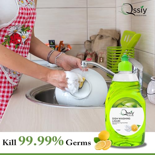 Image of Qssiy Green Apple Dishwash Gel, 1L Can | Tough on Grease, Gentle Hands, Bulk Refill