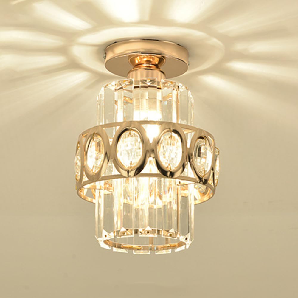 HXYSXHJUO Crystal Semi Flush Mount Ceiling Light Fixture Mini Gold Chandelier Modern Small Close To Lamp for Entryway Bedroom Closet Hallway Lighting Fixture, E27 Base