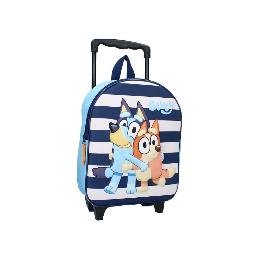mybagstory Mochila para niños - Trolley - Bluey - 3D - Azul - Niño - Escuela - Guardería - Mochila para niños - Talla 32 cm - Correas ajustables - Ruedas - Idea de regalo, Bluey - Azul, 26 cm x 11