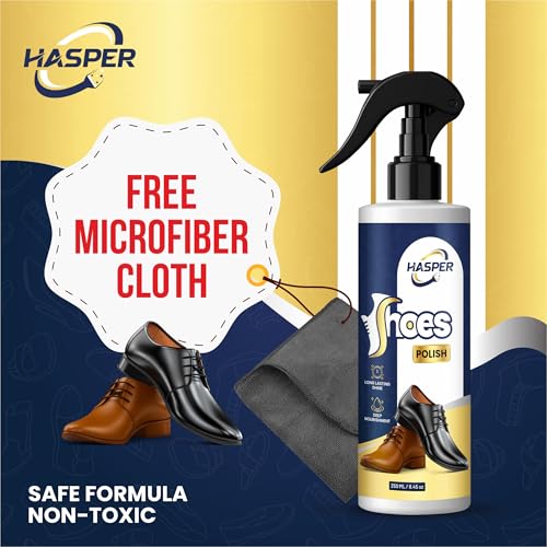 Image of HASPER Shoe Shine Polish - Instant Boot & Leather Polisher with Applicator | Neutral, Black & White Wax Shiner for Men, School Shoes & All Colours | Liquid Shoe Shinner for Natural Finish - 250 ML
