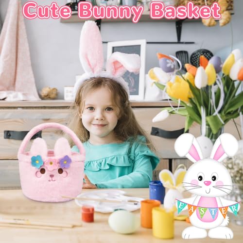 JIZWPOOM Easter Basket - Easter Baskets for Kids, Pink Plush Easter Bunny Baskets, Girls Easter Basket Empty, Cute Kids Bunny Basket for Boys Easter Gifts Easter Decor by JIZWPOOM - Image 2