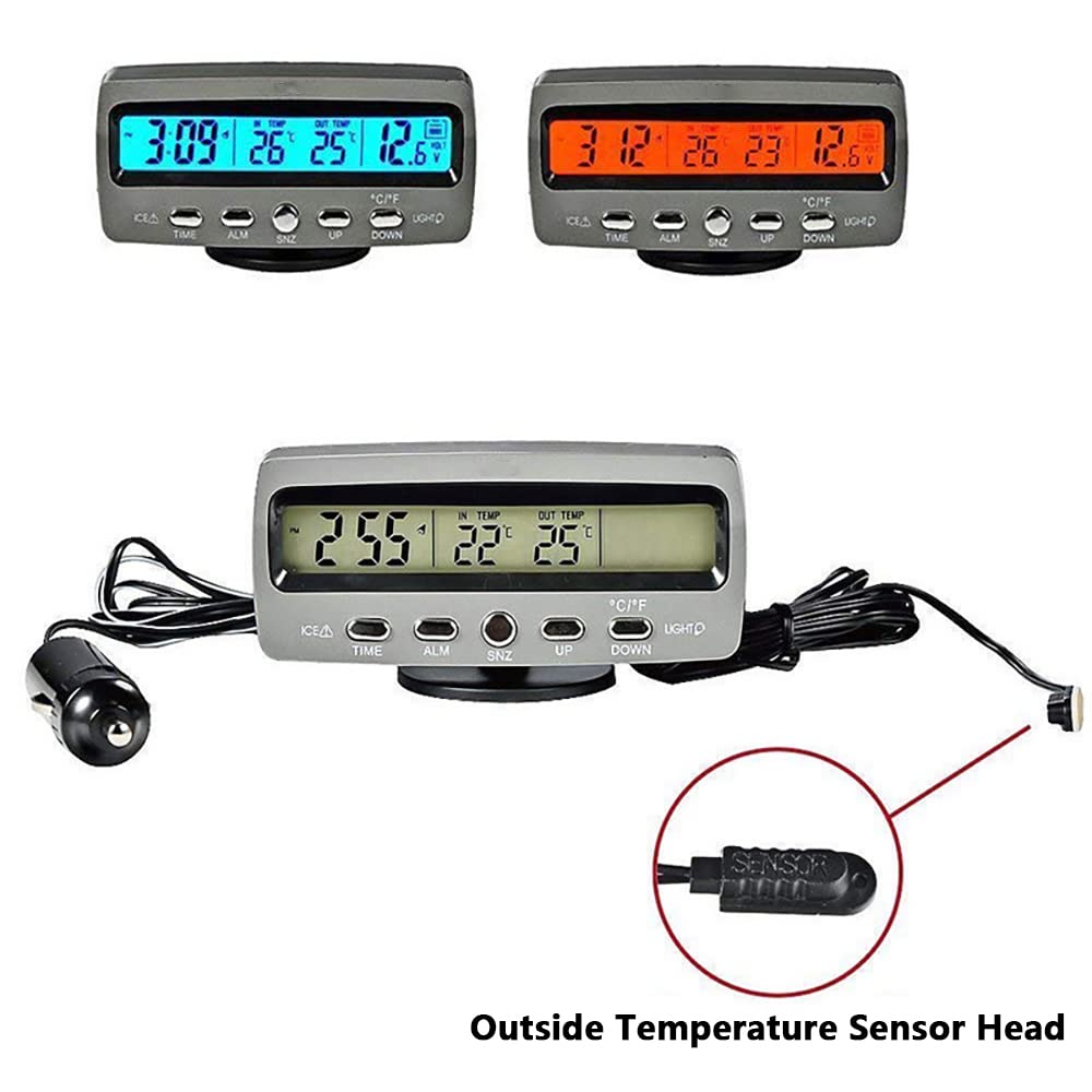 Baceyong Car Thermomètre Voltmeter Horloge Monitor, Multifonctionnel, LCD Numérique, Noir, -10°C à 50°C, Alimenté par Pile