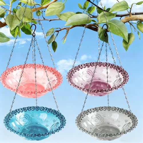 4 Pack Hanging Bird Baths Bowl Outdoor Bird Feeder 15.7 Inch Metal Chains, Weather-Resistant Hanging Bird Feeder & Bath Tray for Garden, Patio, Backyard Wildlife Decor
