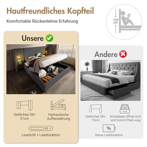 Gegtuon Doppelbett Polsterbett 180x200 mit LED-Licht & USB-Nachttischen, Bett Hydraulisch Stauraumbett mit Stauraum Kopfteil, Jugendbett Bettgestell mit Holz Lattenrost, ohne Matratze, Leinen (Grau)