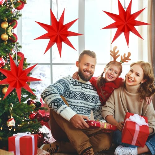 Image of SUNBEAUTY 3 Pcs 9-Pointed Red Paper Star Lanterns 12 Inch Christmas Hanging Lamp Red Paper Decorations Shade Wedding Birthday Christmas Home Party Decorations