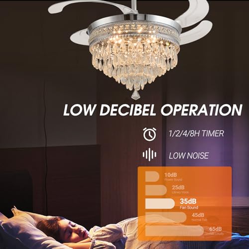 Kunywooe 48" Chandelier Ceiling Fan - Crystal Ceiling Fans with Lights, Retractable Fandelier with Remote and App Control, 3 Color Dimmable, Reversible DC Motor, for Bedroom, Living Room (Chrome) by Kunywooe - Used condition - Image 6