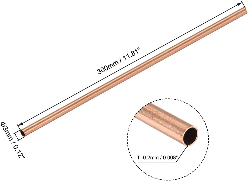 Copper Round Tube, 3mm OD 0.2mm Wall Thickness 300mm Long Straight Pipe Tubing