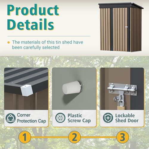Image of GUNJI 5 x 3 FT Shed Outdoor Storage Shed Metal Garden Shed with Lockable Door Outside Waterproof Tool Shed for Backyard, Patio, Lawn (Brown)