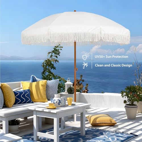 Image of AMMSUN 7ft Patio Umbrella with Fringe Outdoor Tassel Umbrella UPF50+ Premium Steel Pole and Ribs Push Button Tilt, Cream White