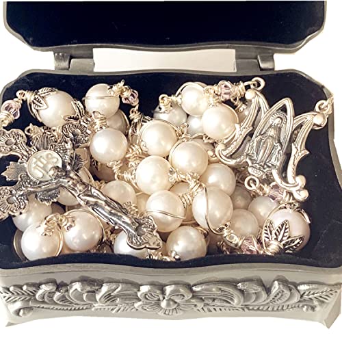 elegantmedical Handmade Sterling Silver White Pearl Beads Catholic Rosary Necklace Cross Crucifix Gift Box2