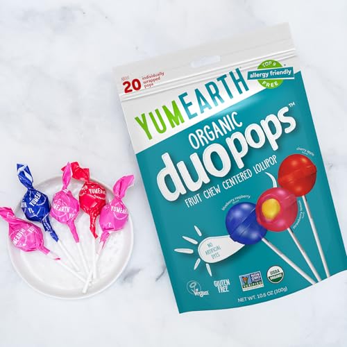 Image of YumEarth Organic Duo Pops, Lollipops with Fruit Chew Centers - Allergy Friendly (Top 9 Free), No Artificial Dyes, Non GMO, Gluten Free, Vegan Candy Snacks - Individually Wrapped Pops (20 Count (Pack of 1))