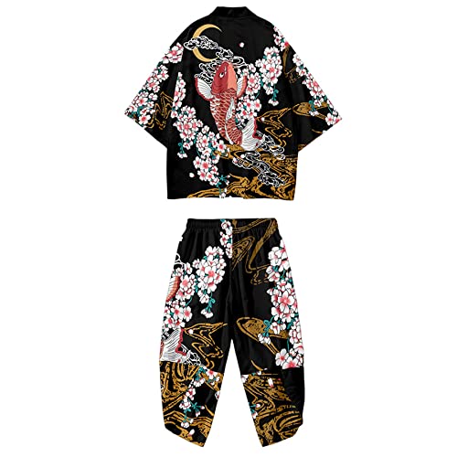 Image of DOSLAVIDA Men's Japanese Kimono Cardigan Suit Chinese Style Printed Jacket Pants Set Open Front Seven Sleeve Top & Shorts