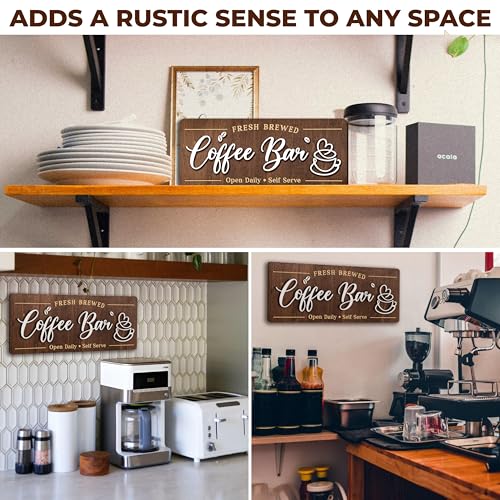 Image of Woodamore Coffee Bar Signs for Wall Decor - Vintage Coffee Accessories for Cafe Station Signs Decorations, Small Farmhouse Cafe Sign for Home Decor Kitchen, Countertop