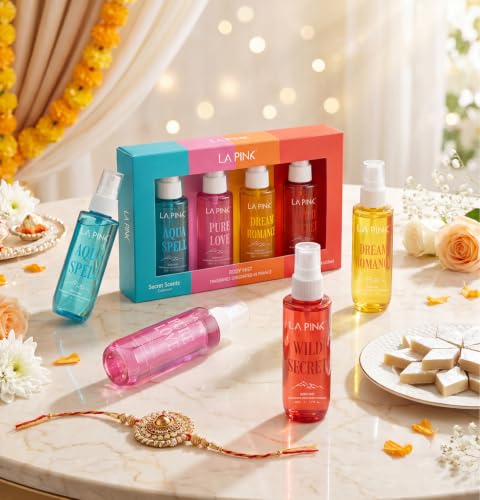 Image of LA PINK Body Mist Woman Gift Set for Valentine's Day | Long Lasting Deodorant Spray with Vanilla, Citrus, Oud & Sweet Honey | Body Mist Perfume for Men & Women | Premium Valentine Gift Pack for Couple | Set of 4 (50ml Each)
