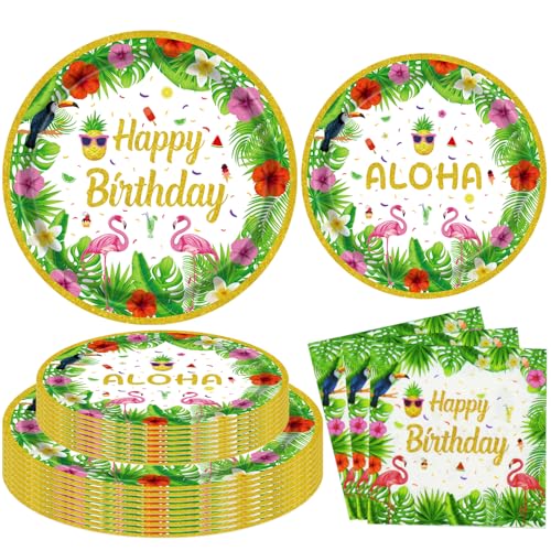 60 peças de suprimentos para festas tropicais Luau havaianas, decorações de festa havaiana, decoração de aniversário, praia, aniversário, piscina, utensílios de louça temática havaiana, pratos