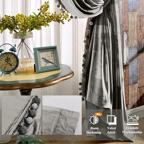 Image of Melodieux Pom Poms Velvet Curtains Extra Wide for Patio Doors, Vintage Luxury Bedroom Living Room Thermal Insulated Rod Pocket Window Drapes, 100 inch W x 84 inch L, Gray (2 Panels)