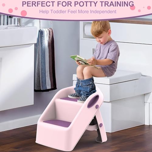 يو-هومي مقعد قابل للطي للاطفال الصغار في المطبخ والحمام والحوض، مقعد تدريب على استخدام المرحاض على النونية، ارتفاع مزدوج 11 انش، مقعد بلاستيكي مساعد للمطبخ مع مقابض، مقعد قدم للحضانة (بينك)