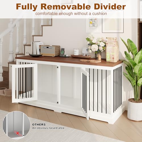 Large Dog Crate Furniture Indoor Wooden Dog Kennel Furniture with Room Divider and 2 Doors 71x236x315H White