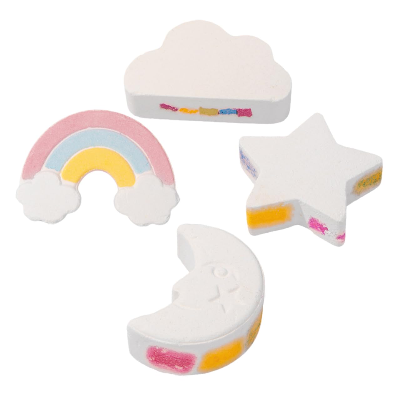 4 Stück Badesalzbomben in Mond, Stern, Regenbogen und Wolkenform