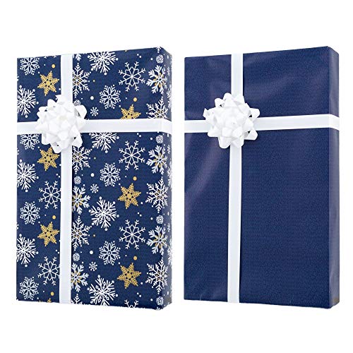 Gold + Silver + Blue Reversible Wrapping Paper Set: 4 Rolls (8 Designs) of Premium Gift Wrap (80 sq. ft.) with 30 Coordinated Bows, 2 Spools of Ribbon, and 24 Gift Tags - Thumbnail 5