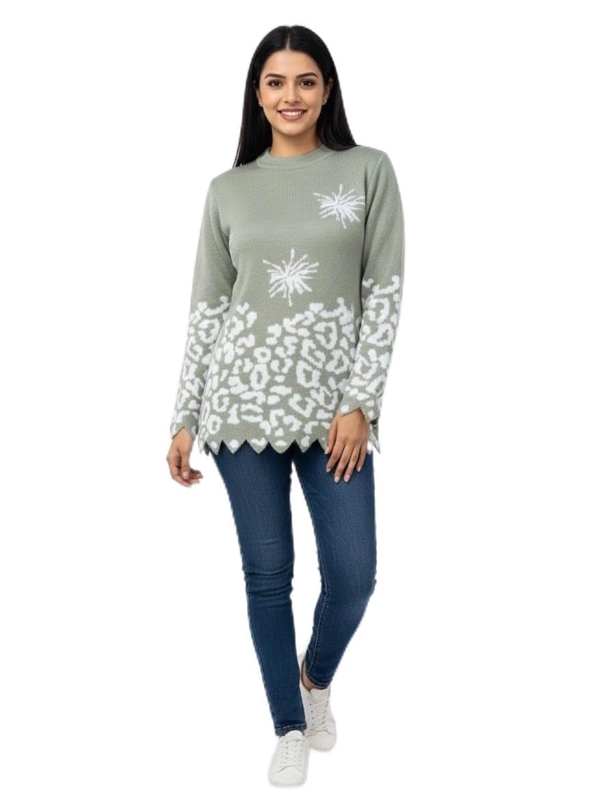 Women's Winter Knit Sweater Top, Sage Green with White Snowflake and Leopard Pattern, Long Sleeve Pullover Top (in, Alpha, XL, Regular)-image-44