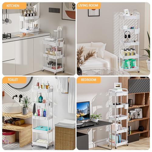Image of 5 Tier Rolling Utility Cart with Drawer,REBECAT Utility Cart Made of Multifunctional Storage Organizer Tool for Kitchen,Bathroom,Living Room,Office(White)