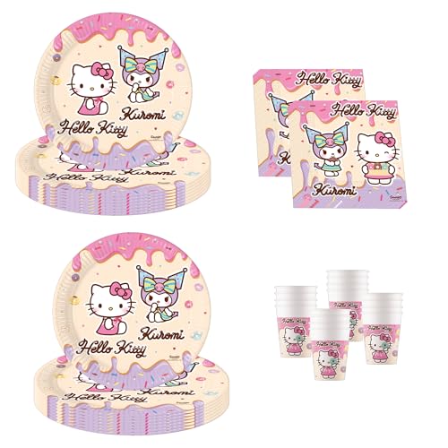 Procos - Hello Kitty & Kuromi décoration d'anniversaire, 52 pièces, assiettes en carton, gobelets et serviettes pour anniversaire d'enfants, vaisselle de...