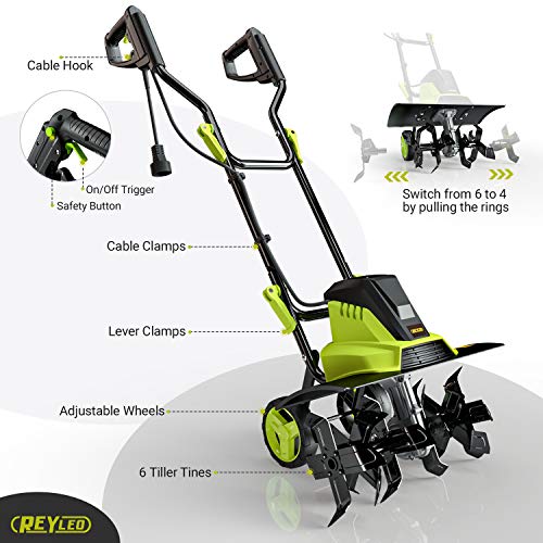 REYLEO Electric Tiller, Cultivator, 18\" 13.5-AMP Powerful Corded Tiller, Adjustable Tilling Width(18\"/12.5\"), 8\" Working Depth, Removable Blade, One-Key Transport Wheel, Foldable Handle - RT02A
