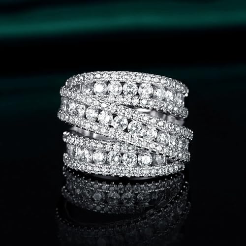 MDFUN Halo Eternity Rings Wedding Bands, 3 Rows Round Cut Cubic Zirconia Statement Rings, 18K White Gold/Yellow Gold Plated Wedding Band for Women Size 5-104