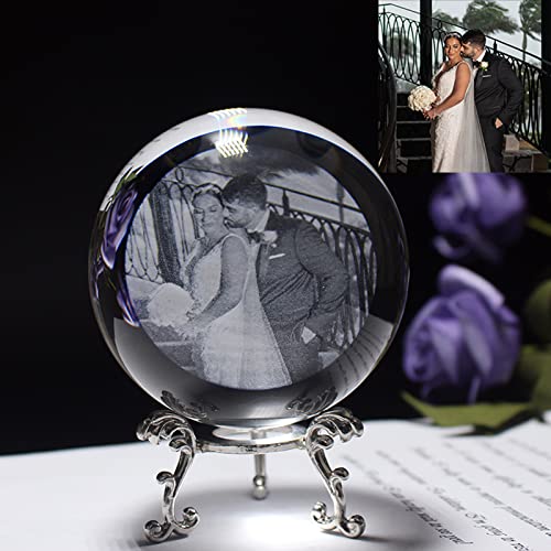 xingfa Custom Laser Engraved 2D Photo Crystal,Personalized Crystal Photo Ball Custom Image,Customized Globe Home Decoration Ball (with Silver Base,8 cm)