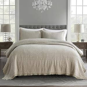 HORIMOTE HOME Stone-Washed Cotton Quilt King Size, Beige Jacquard Embossed Quilt Shabby Vintage Farmhouse Bedspread Coverlet with Crochet Edge, Soft Lightweight Bedding Set for All Season, 3 Pieces