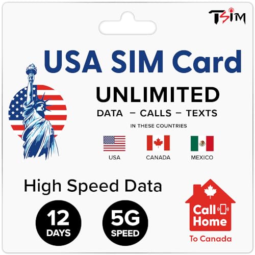 Tarjeta SIM EE. UU. para 12 días | Datos, Llamadas y Mensajes ilimitados en EE. UU., Canadá y México | Prepagada | Compartición de Internet/Hotspot/Tethering | Datos 5G de Alta Velocidad