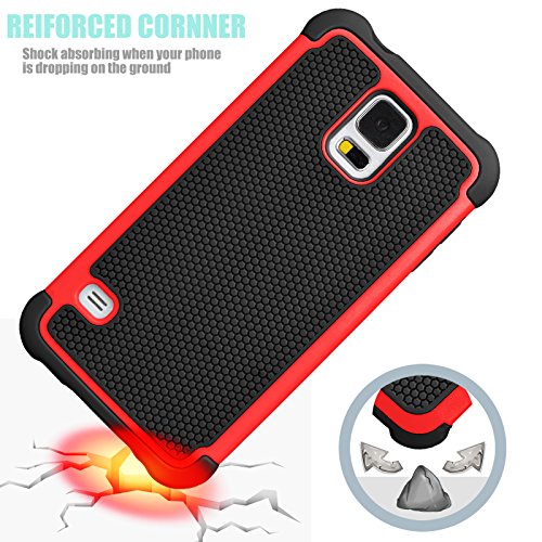 Tekcoo Galaxy S5 Case, [Tmajor] Sturdy [Red/Black] Shock Absorbing Hybrid Rubber Plastic Impact Defender Rugged Slim Hard Case Cover Bumper For Samsung Galaxy S5 S V I9600 Gs5 All Carriers #TOP6