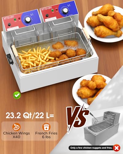 Commercial Deep Fryer - 22 L Electric Deep Fryer with 10 L Basket, Commercial Deep Fryer with Basket (3Pcs), Stainless Steel Countertop Deep Fryer w/Adjustable Temperature and Restaurant