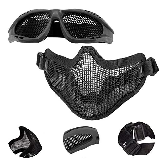 EMAGEREN Airsoft Ensemble Masque et Lunettes Noir Masque Demi Visage Masque Outdoor Protection L'oreille Airsoft Masque Confortable Ajustable pour Chasse COS CS Activité au Dehors Ado Adulte Cadeau