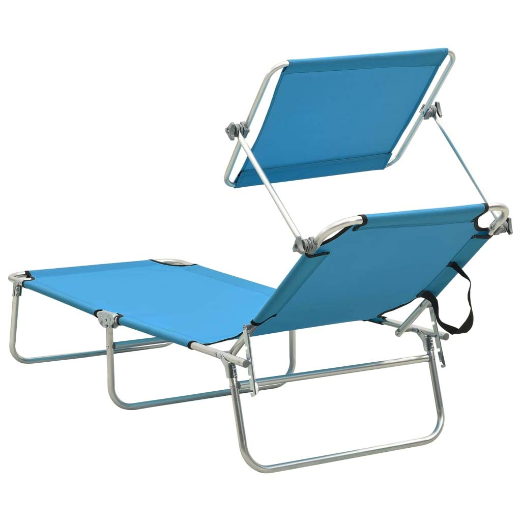 Verstellbare Sonnenliege mit Dach aus Stahl, klappbare Campingliege mit Verstellbarer Rückenlehne, platzsparend und leicht transportierbar für Urlaub und Freizeit