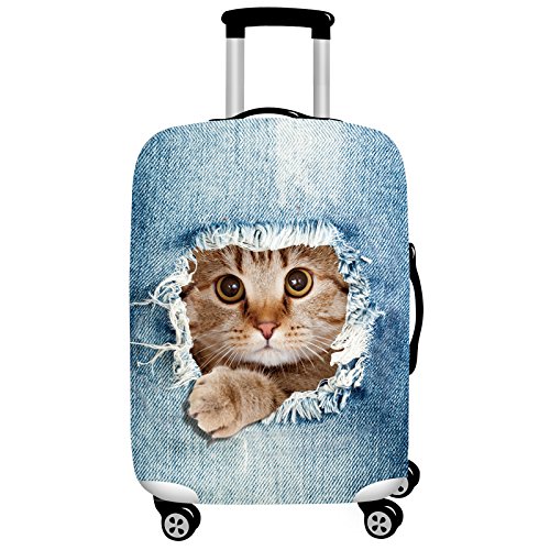 Denim 3D Cute cat Dog Styles Washable Print Luggage Cover Protector Suitcase Cover Carry On Cover with Zipper Fits 18-32 Inch Luggage for Holiday Travel and Great Gift Idea (Cat Yellow, L)