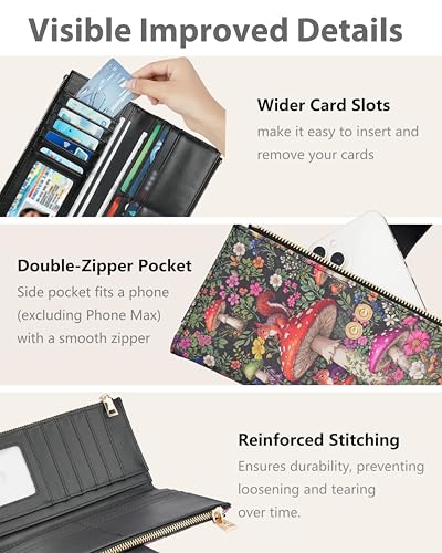 Image of Mushroom Women's Wallet,Thin RFID Card Holder with Zipper Pocket