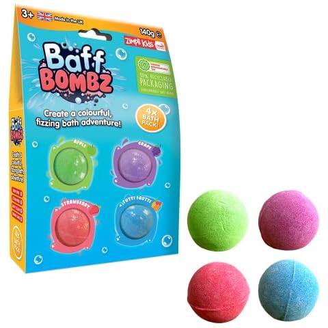 4 x Bath Bombs from Zimpli Kids, Bath Fizzers Gift Set for Children, Moisturising & Organic for Dry Skin, Birthday Gift for Boys & Girls, Pocket Money Bath Toy, Vegan Friendly & Cruelty Free Cover