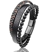 VIEN American Style Genuine Leather Bracelet with Healing Natural Stones and Stainless Steel Magn...