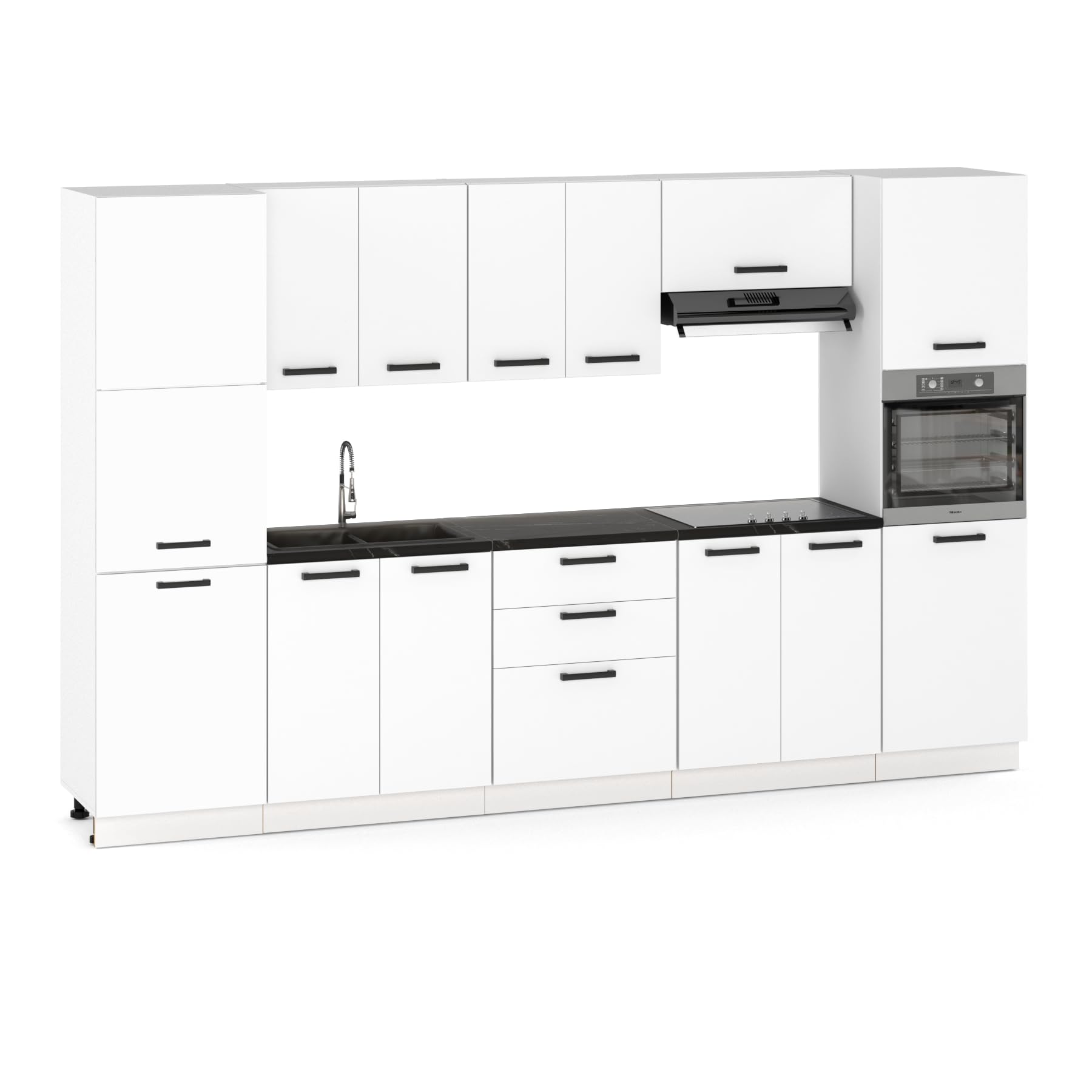 Küchenmöbelset 320cm,Einbau mit Ober- und Unterschränken, Hauswirtschafts- und Backofenbau, Modularküche zum Selbstmontagen ohne Haushaltsgeräte,Stil Modern Weiß Matt