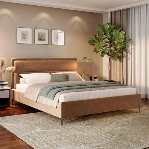 Image of Wakefit Bed | King (78 X 72) Solid Wood Bed, Upholstered, Without Storage, 3 Year Warranty - Zewail - Napoli Tan